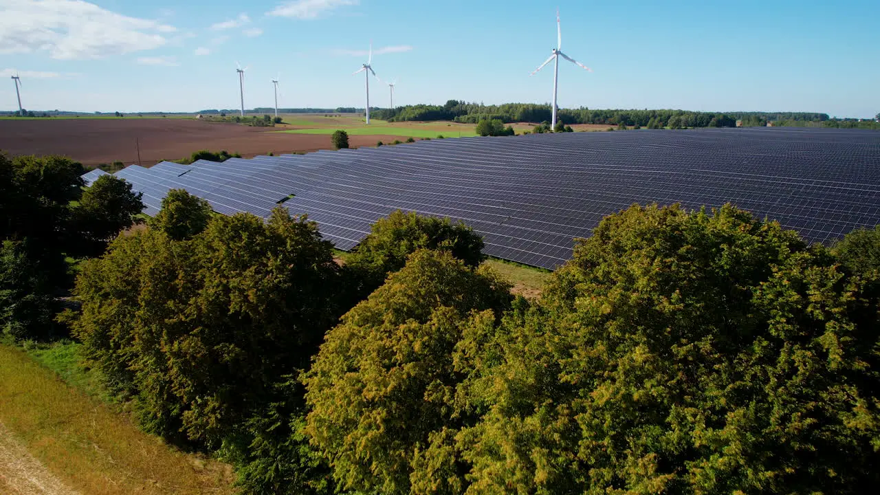 Wind farm and solar panels in nautral scenery aerial A huge renewable energy farm near trees and farmland by drone