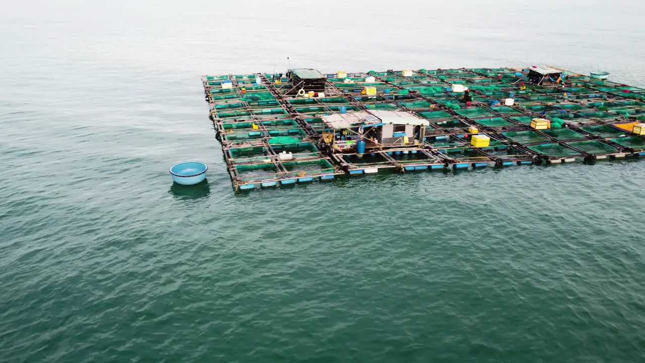 Floating fish farm grid in middle of Southeast Asia ocean fish breeding industry