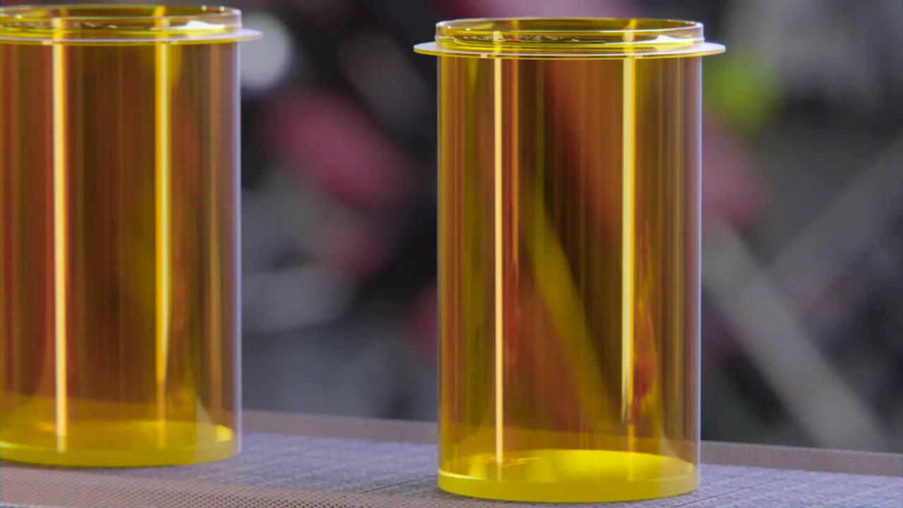 Wiggly pill bottles being filled in a conveyer belt