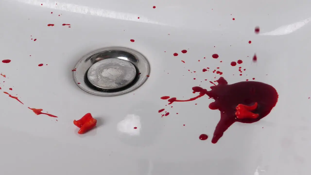 Blood flows into sink then two bloody teeth fall blook splattering