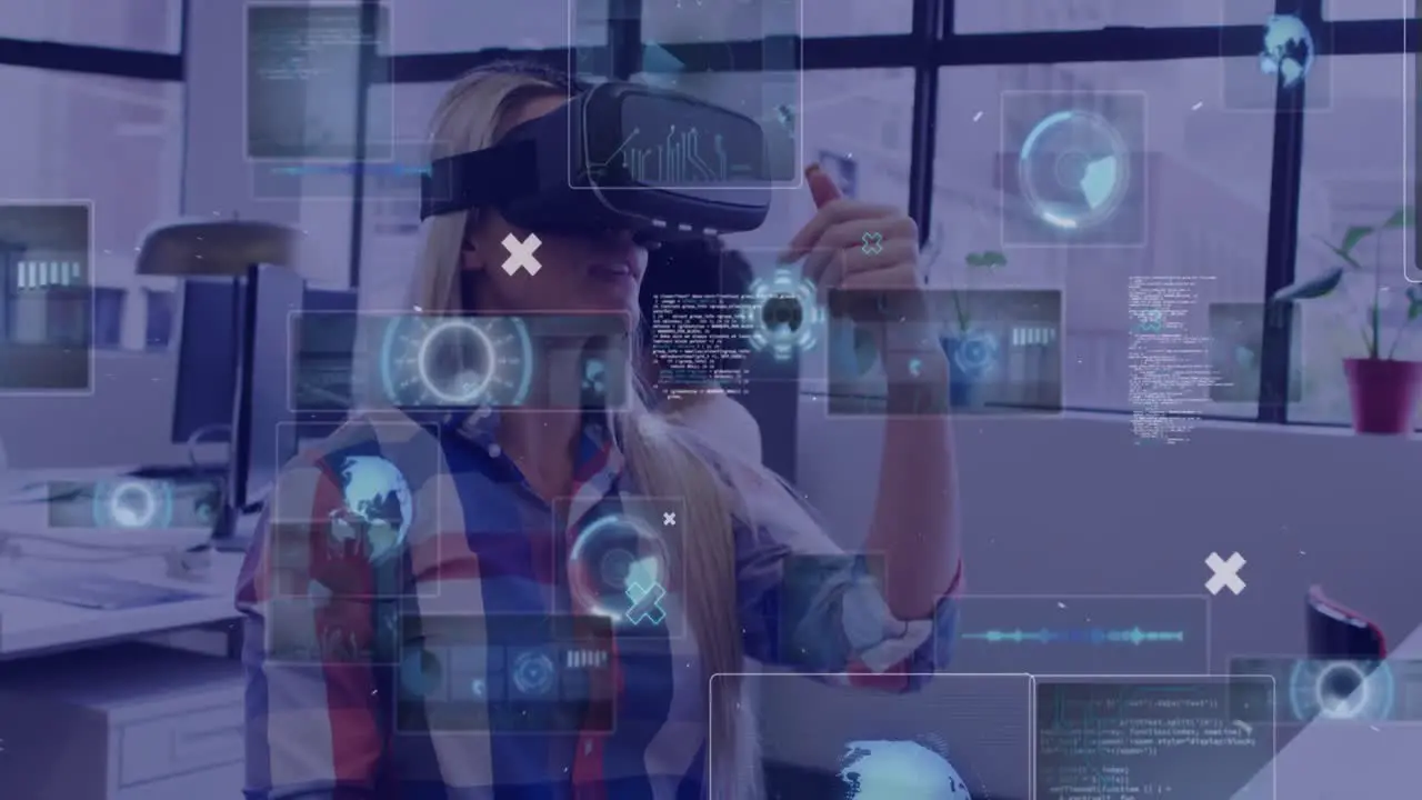 Animation of digital screens and data processing over caucasian woman using vr headset