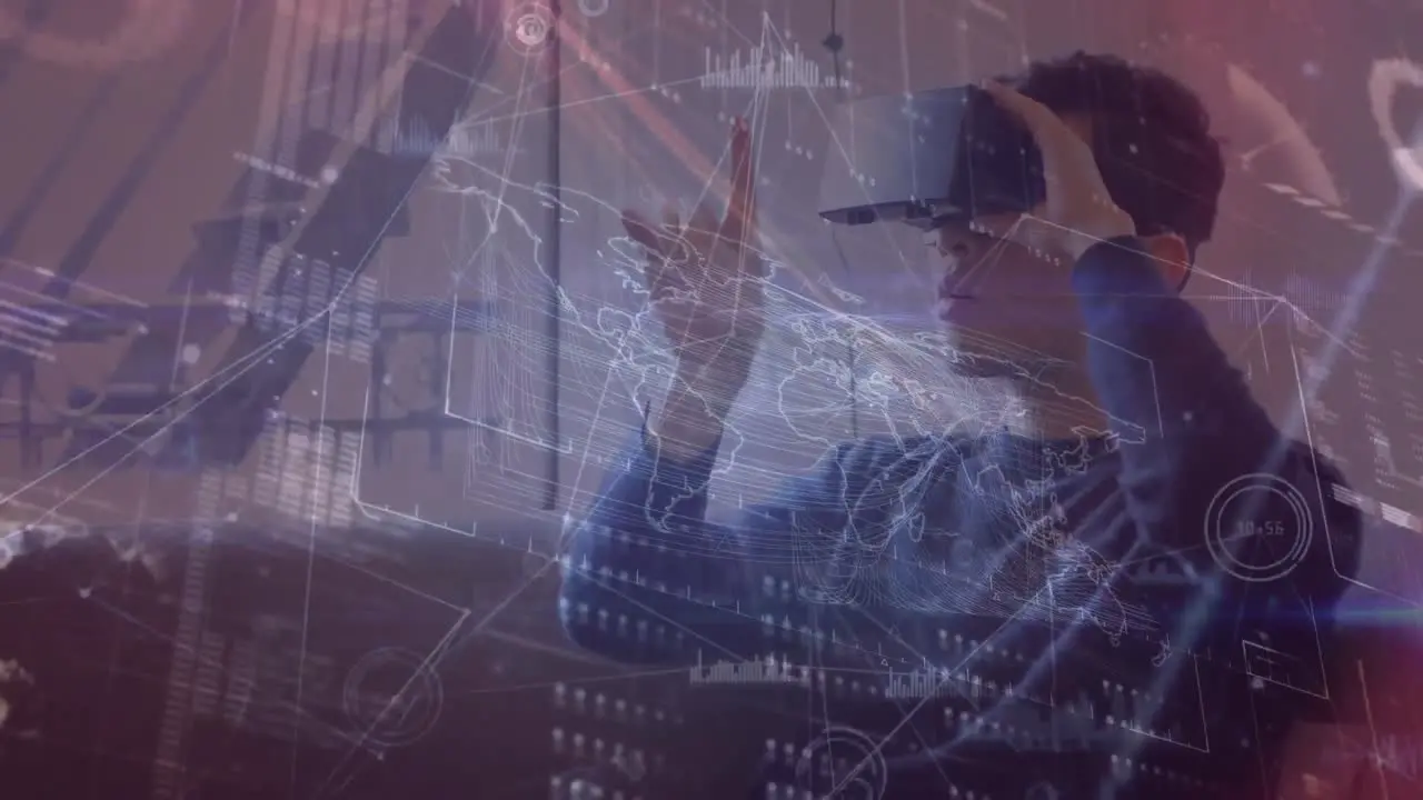 Animation of digital screen with data over caucasian man using vr headset