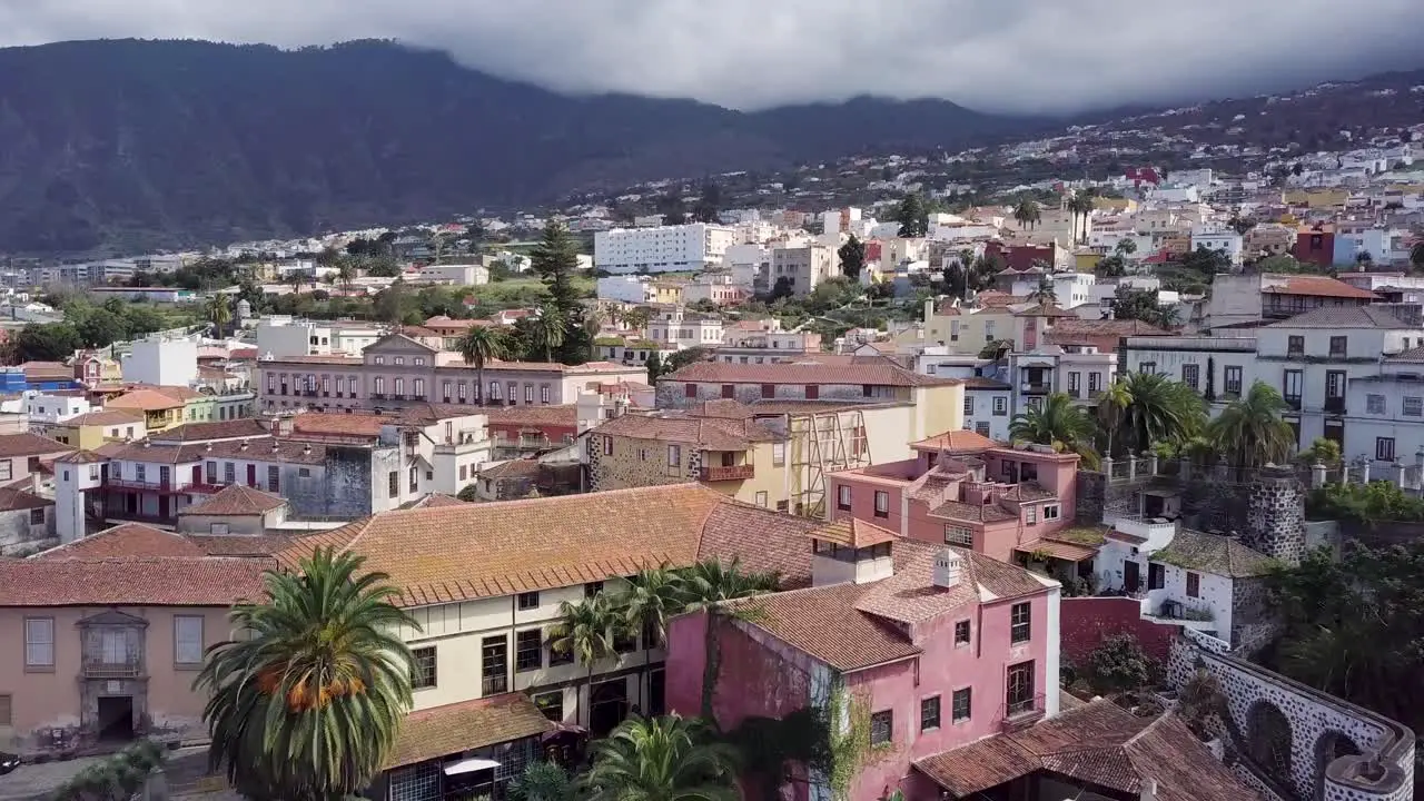 drone fly above canary island little village in tenerife Puerto de la cruz revealing house in the center of the town with palm tree tropical environment