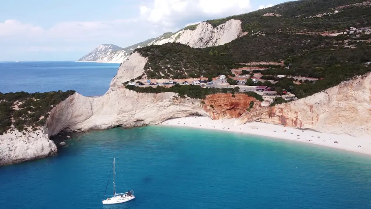 Porto Katsiki Beach and Luxury Boats at Lefkada Island Greece Aerial Reversing