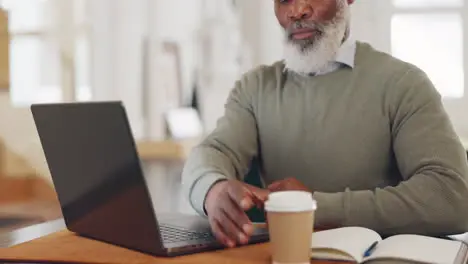 Black man laptop and coffee for remote work as