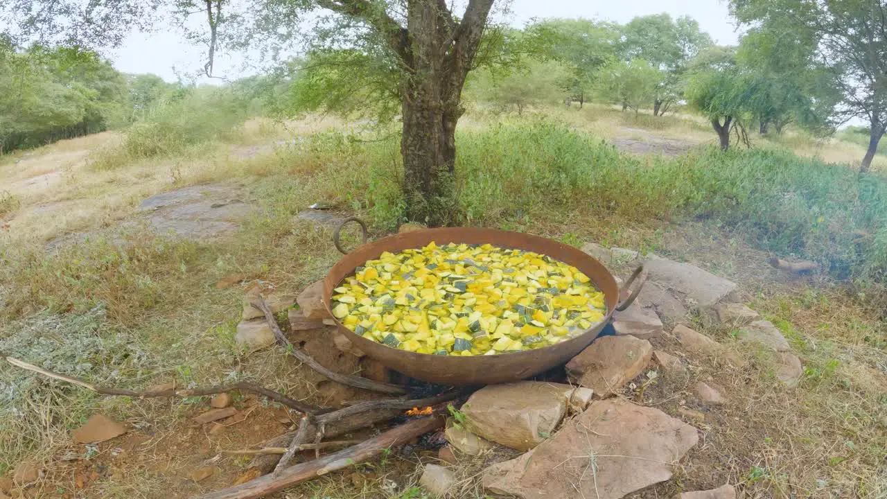 Wide shot of cooking chopped pumpkin vegetables in a big pot in outdoor conditions during a bhandara local festival in rural india