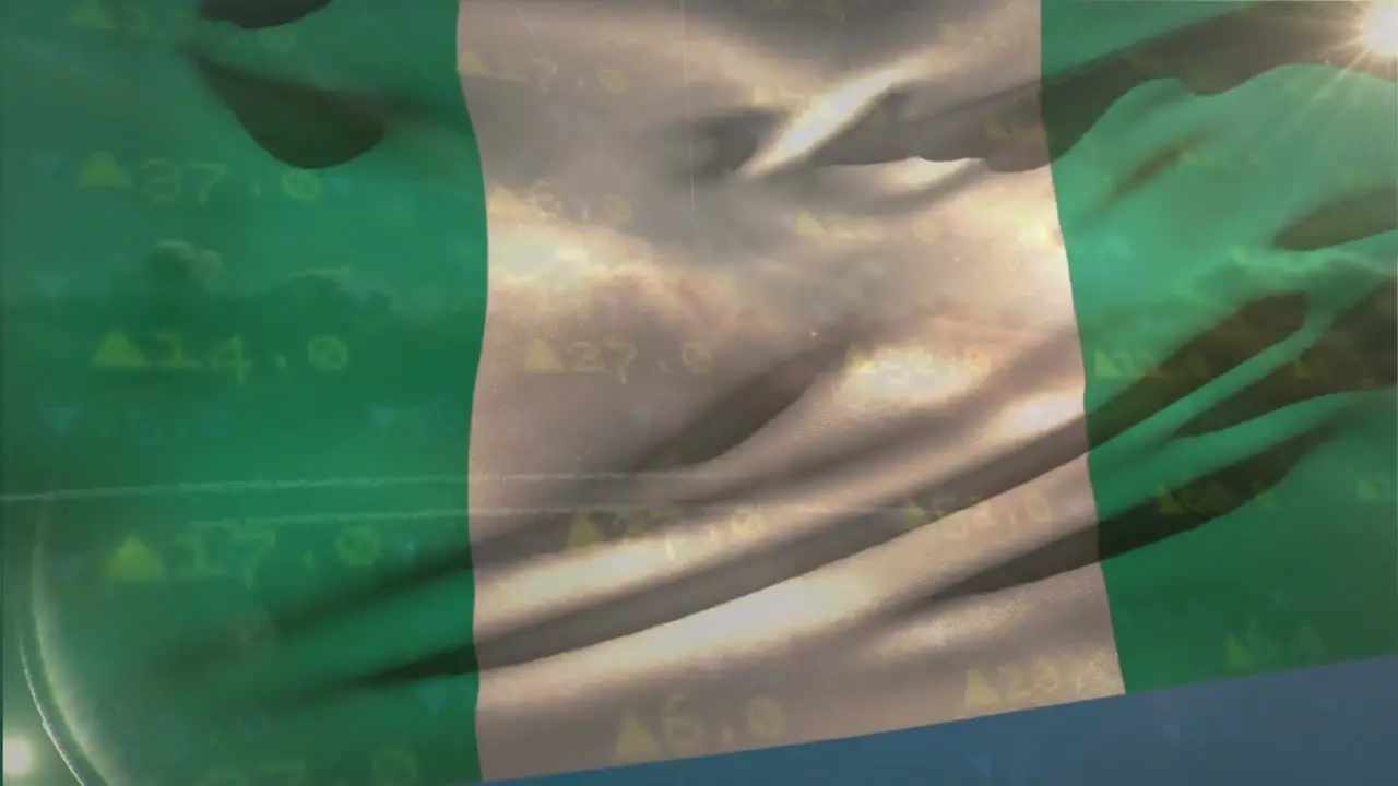 Animation of stock market data processing against waving nigeria flag