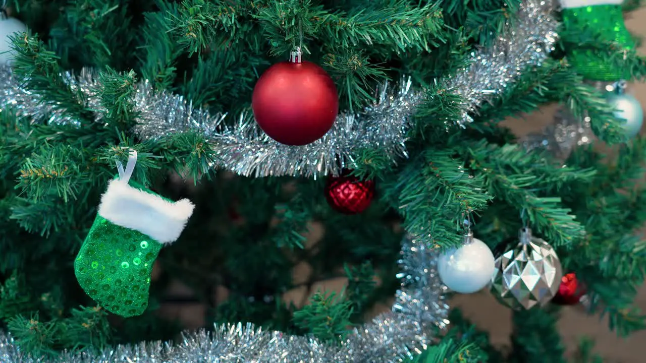 A close-up of a traditionally decorated Christmas tree in the United States of America