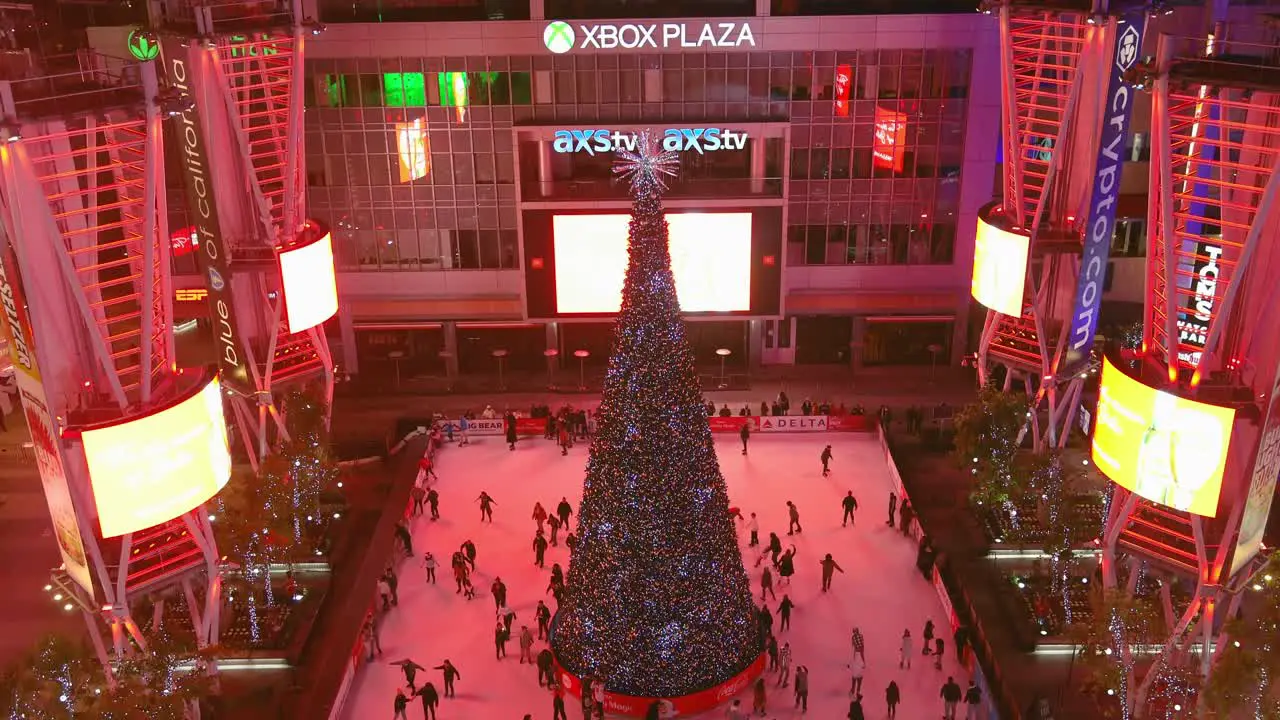 Ice Skating Ring | Downtown Los Angeles | Xbox Plaza | LA Live | Christmas Tree | Night time | Descending Shot