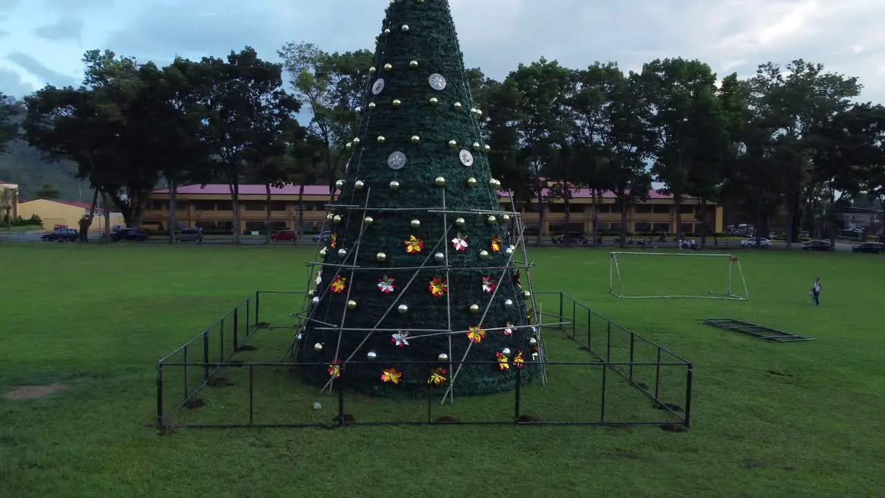 Orbital Drone shot of an ongoing decpration of Christmas tree