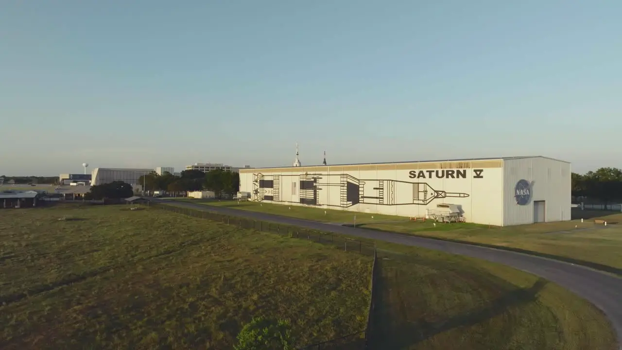 Aerial drone view of the Saturn V Rocket Building in the S