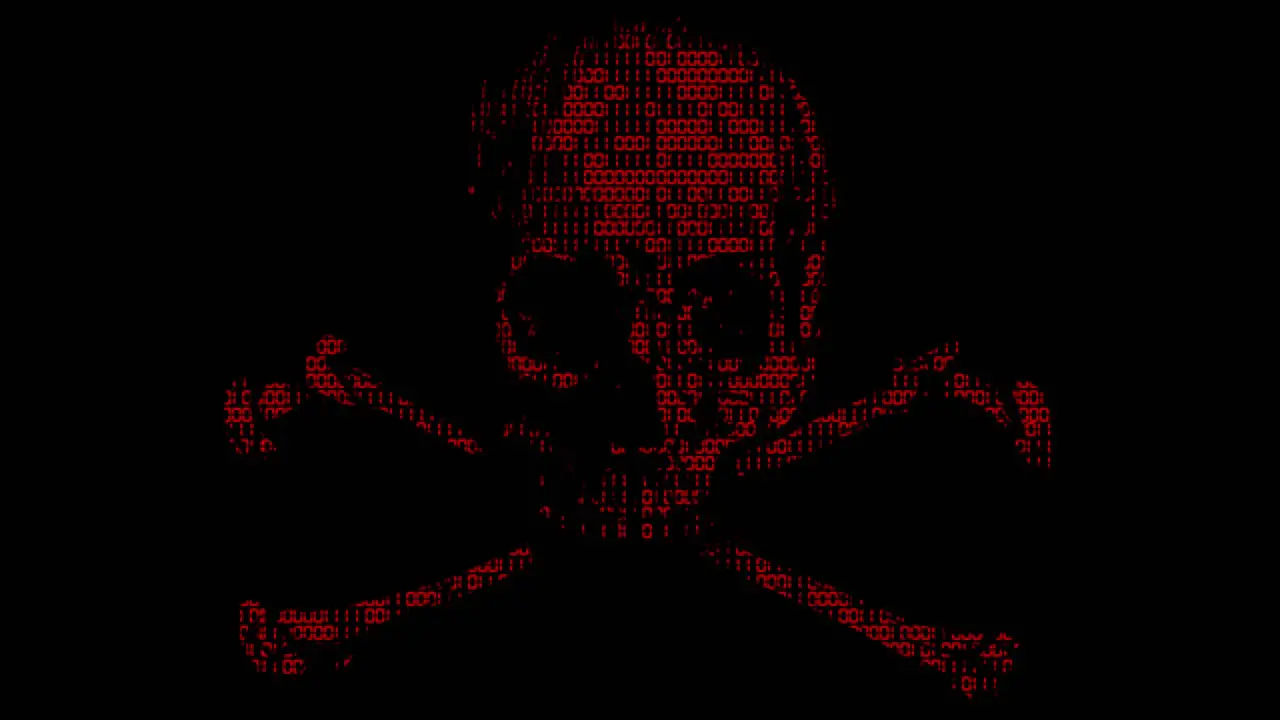 Alarming animated cyber hacking skull and cross bones symbol with animated binary code texture in red color scheme on a black background