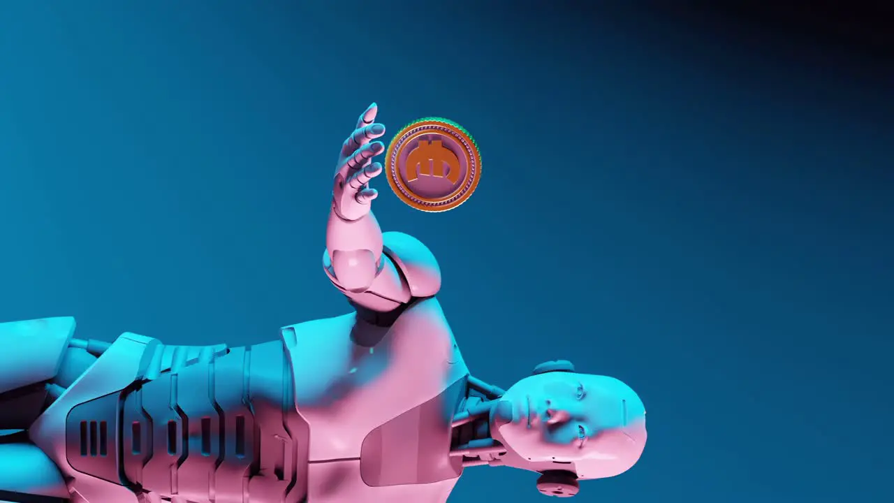 Software generated footage of spinning coin and robot person