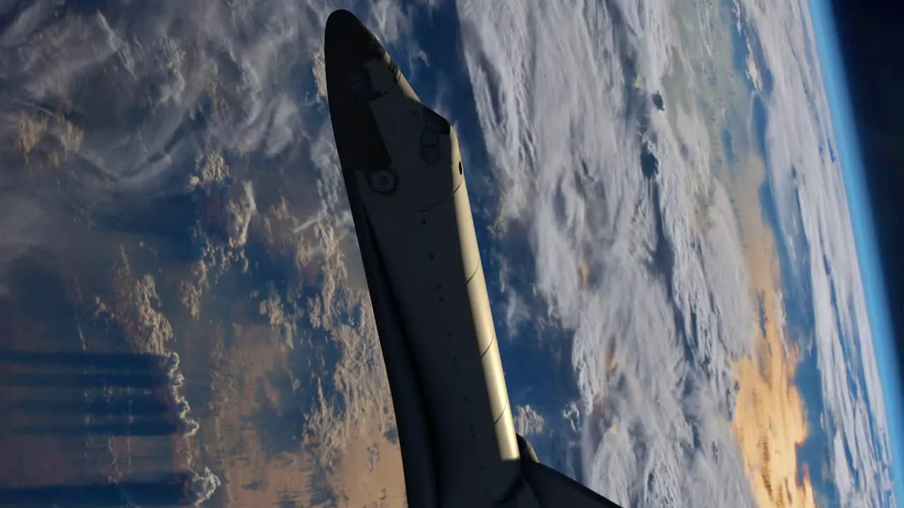 4K SPACE SHUTTLE ROTATING ABOVE EARTH WITH STORMS ON THE SURFACE