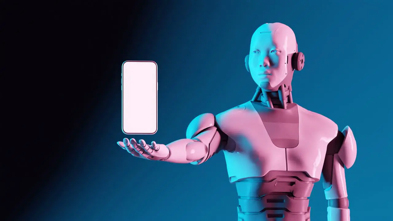 Computer generated robotic figure presents smartphone device