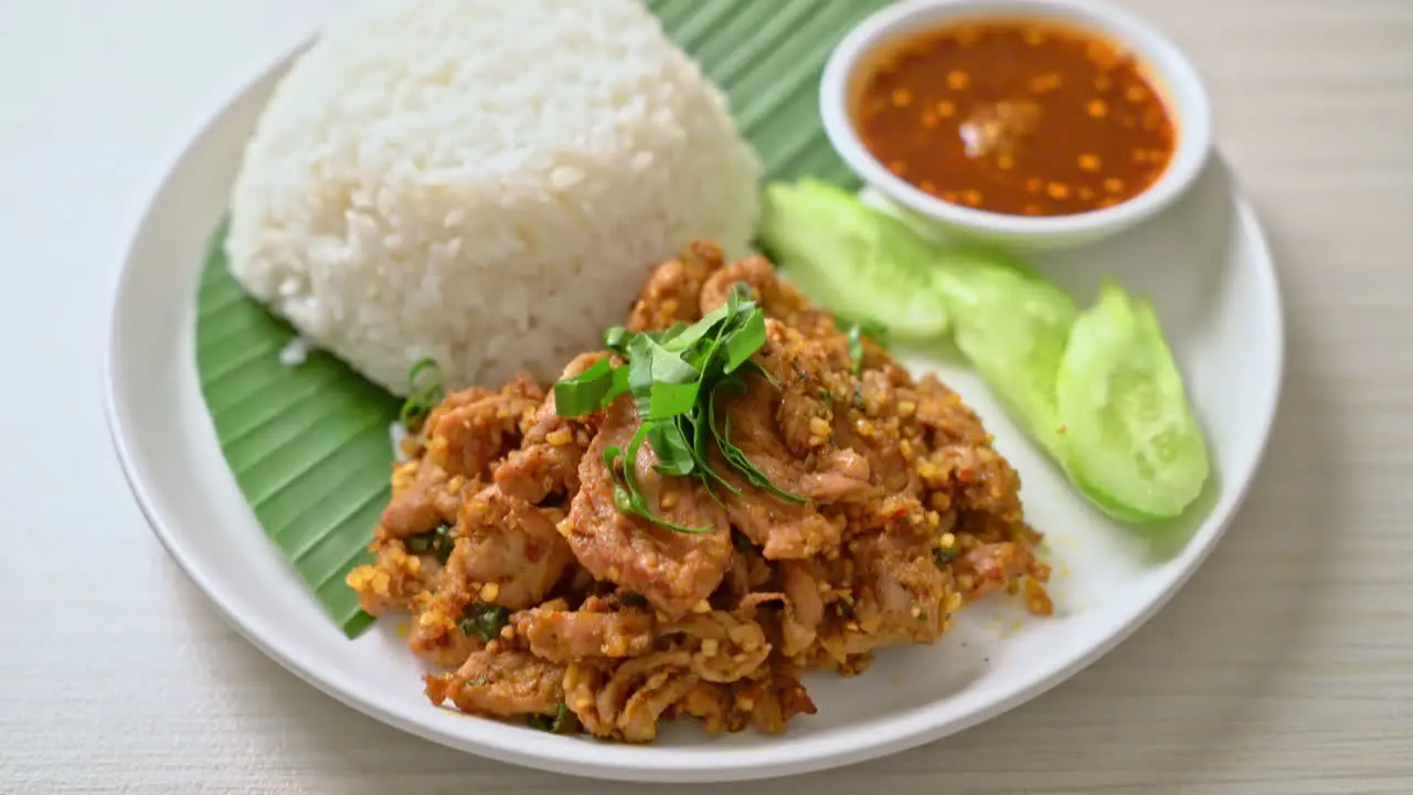 spicy grilled pork with rice and spicy sauce in Asian style