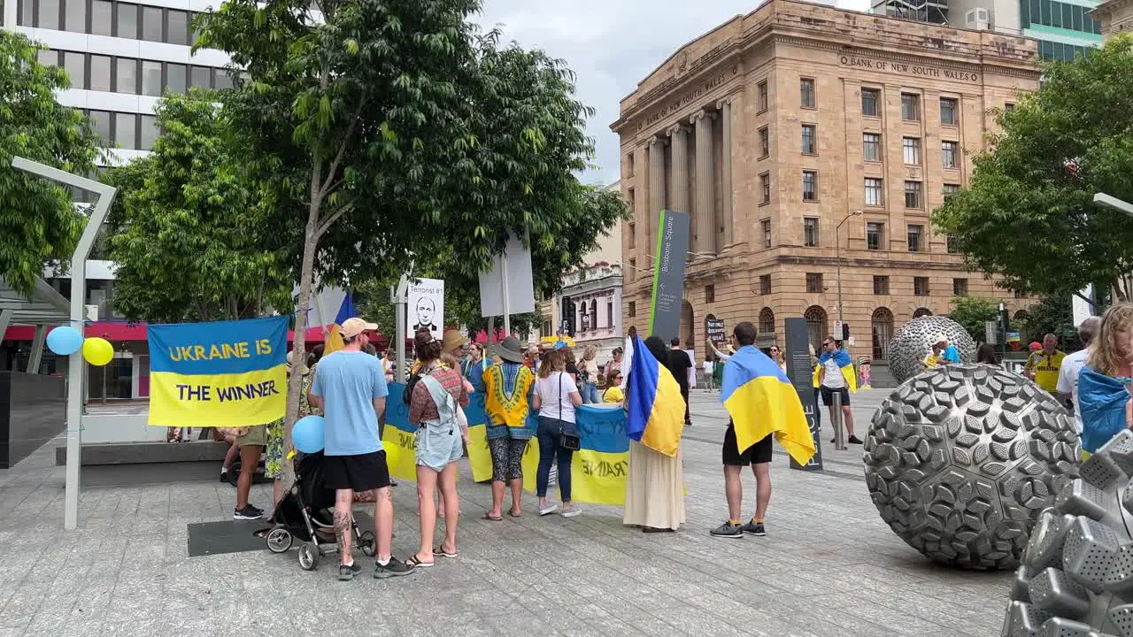 Supporters from all over the world rallied together at Brisbane Square setting up banner sign and placard to raise awareness of the importance of democracy and rejecting unlawful invasion by Russia