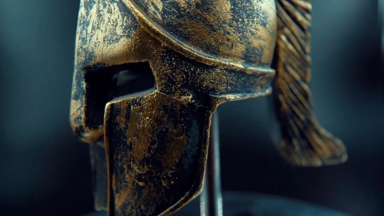 A close up macro cinematic shot of a spartan design warrior metal bronze helmet on a 360 rotating stand studio lighting Full HD video Super Slow Motion 120 fps