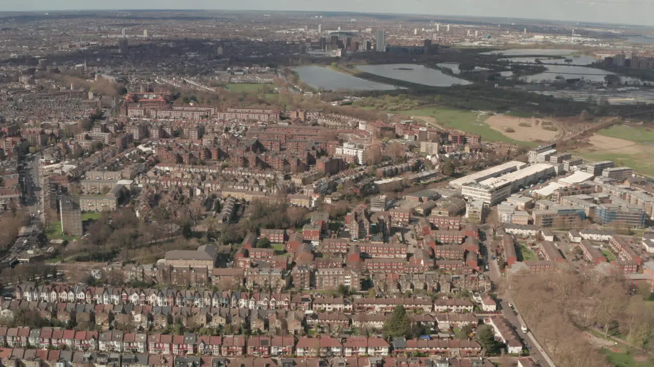 Circling aerial shot over Clapton residential housing east London