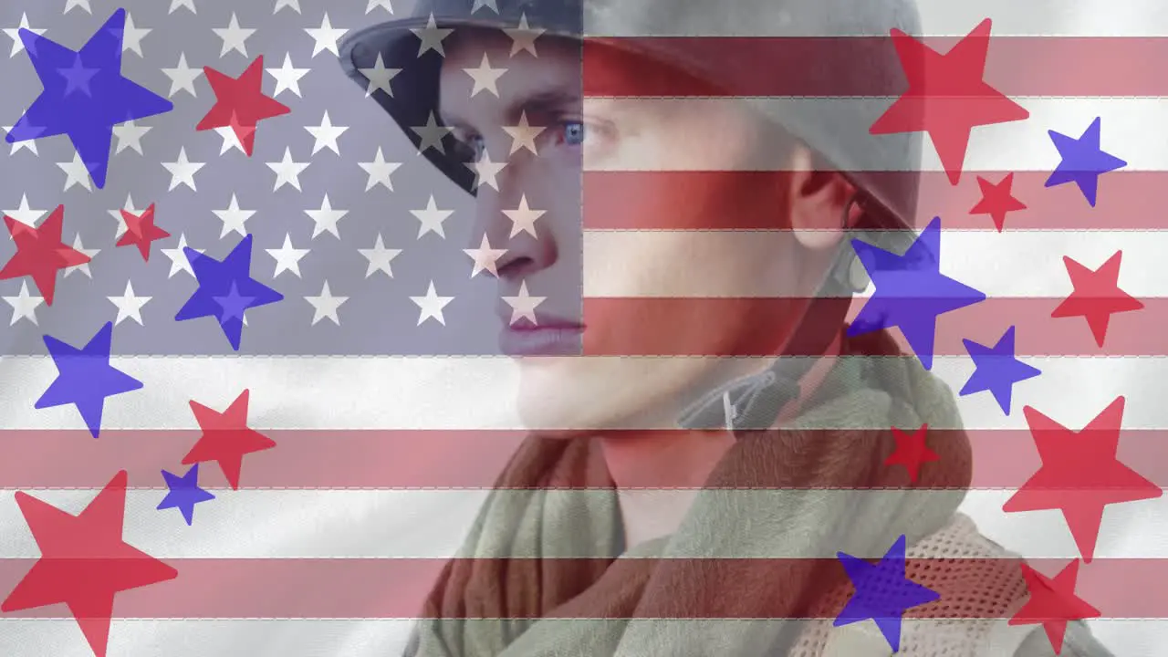 Composition of red and blue stars over thoughtful male soldier and american flag