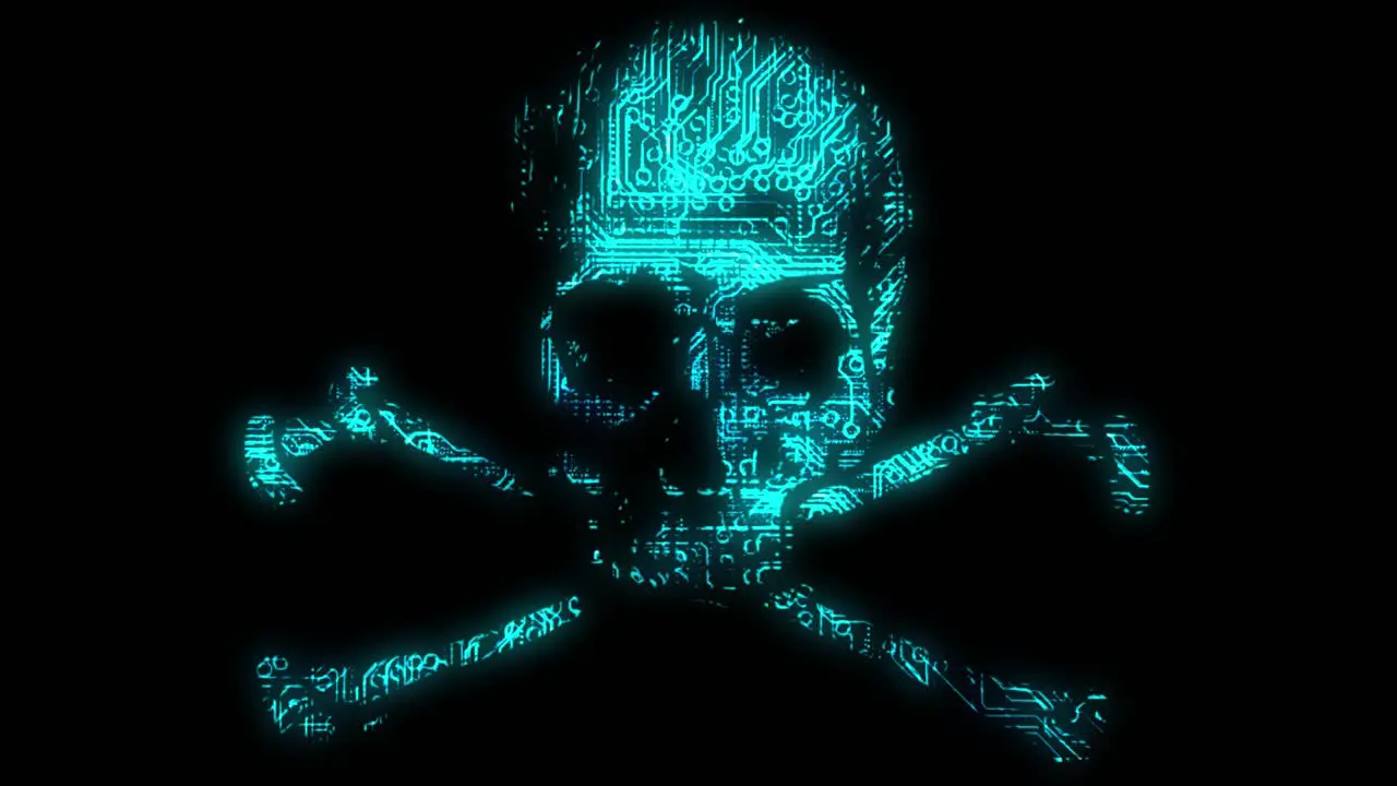 Alarming animated cyber hacking skull and cross bones symbol with animated circuit board texture in teal color scheme on a black background