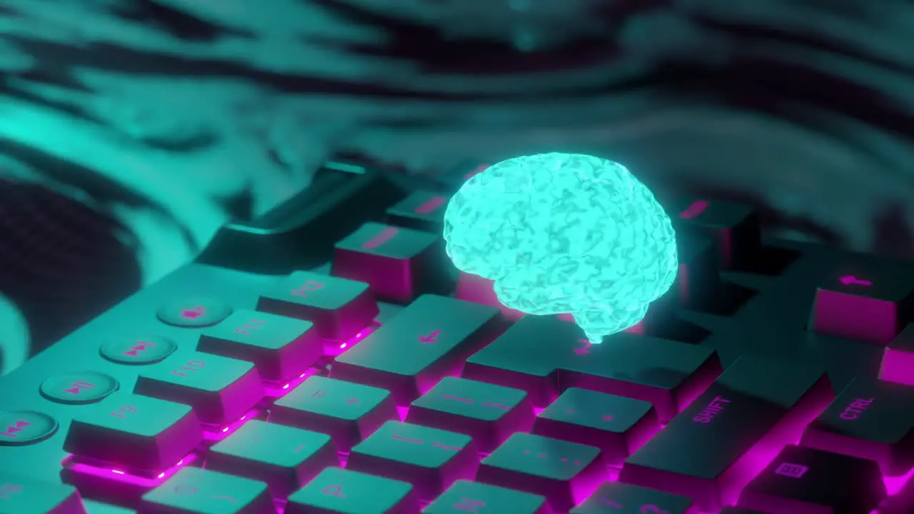 Motion graphics of glowing human brain over spinning computer keyboard