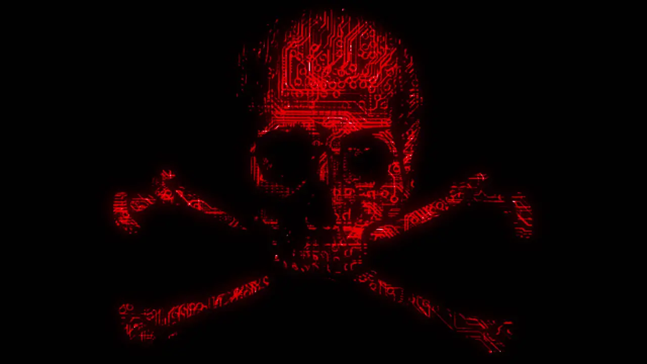 Alarming animated cyber hacking skull and cross bones symbol with animated circuit board texture in red color scheme on a black background