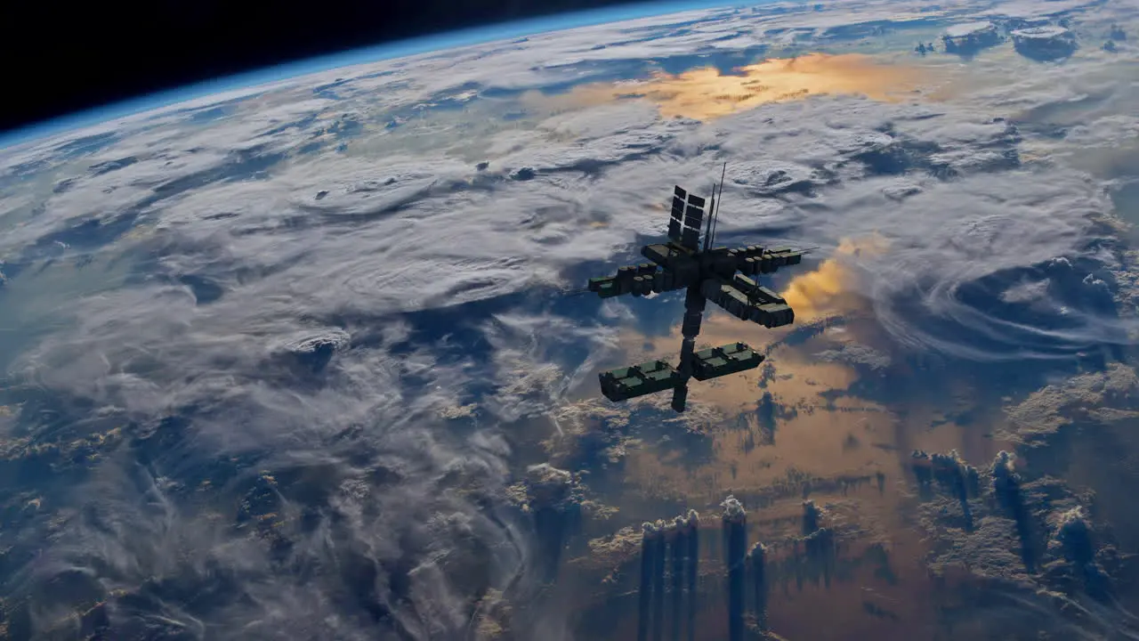 4K SPACE STATION ABOVE EARTH WITH STORMS ON THE SURFACE