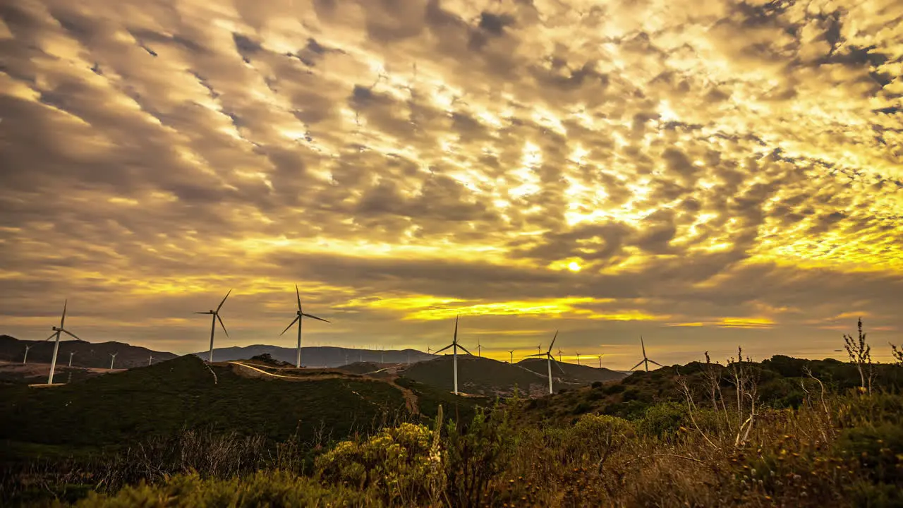 Time-lapse wind turbine farm clean green energy and moving cloud in rural area