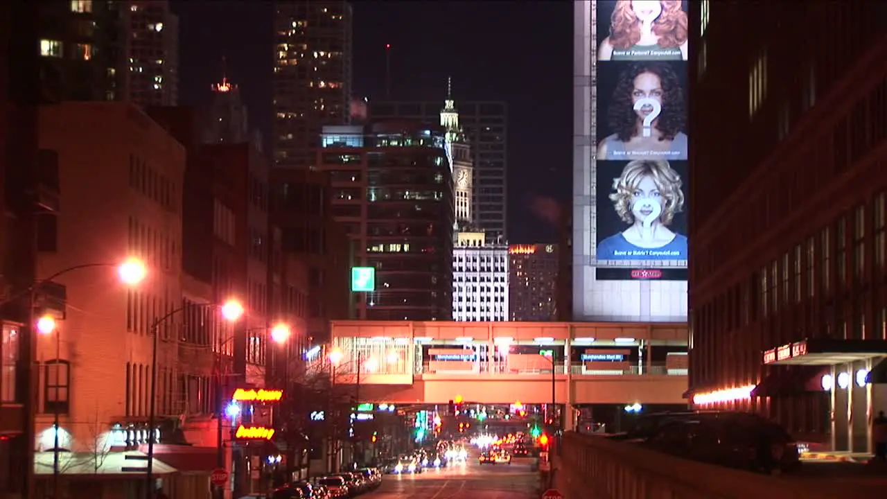 Downtown Chicago At Night Is Illuminated With Lights From Many Sources