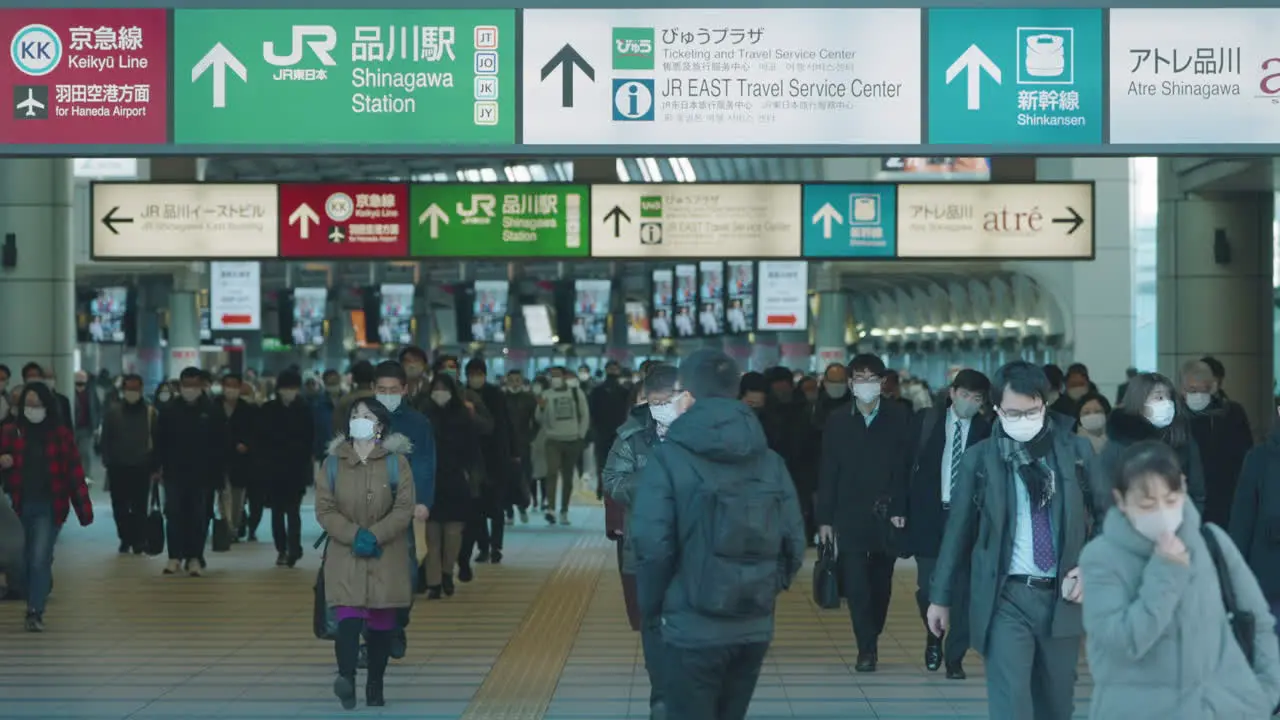 Scene Of Crowded Rushing People During Winter Wearing Face Mask At Shinagawa Station Amidst Pandemic In Tokyo Japan