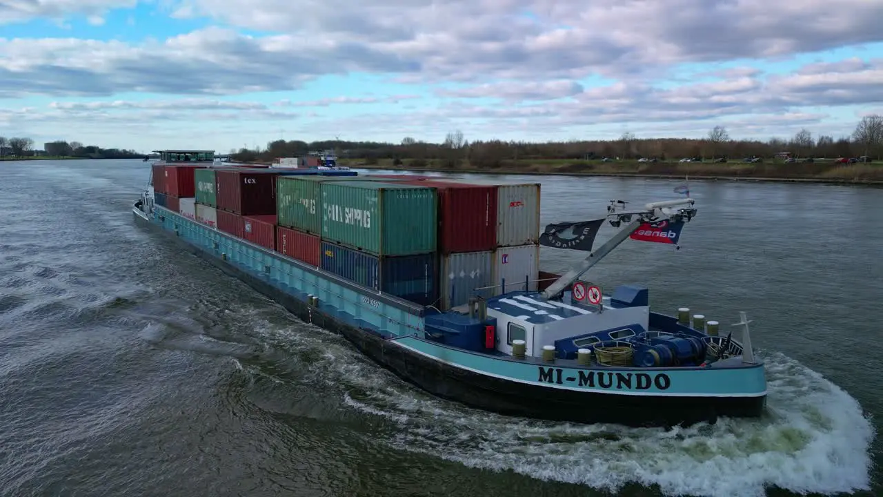 Aerial "Mi Mundo" Transportation vessel going through the canals of Zwijndrecht The Netherlands