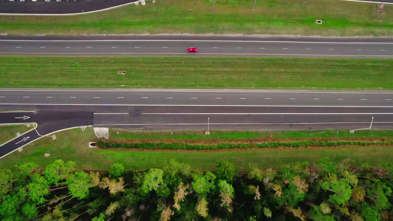 Colorful semi trucks lined at Florida rest area USA Aerial overhead