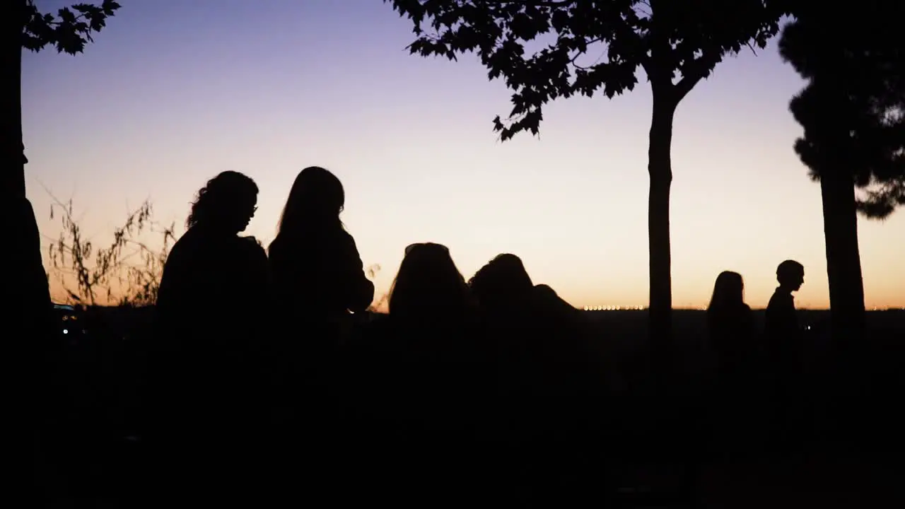 Silhouetted people in a park at sunset in slow motion