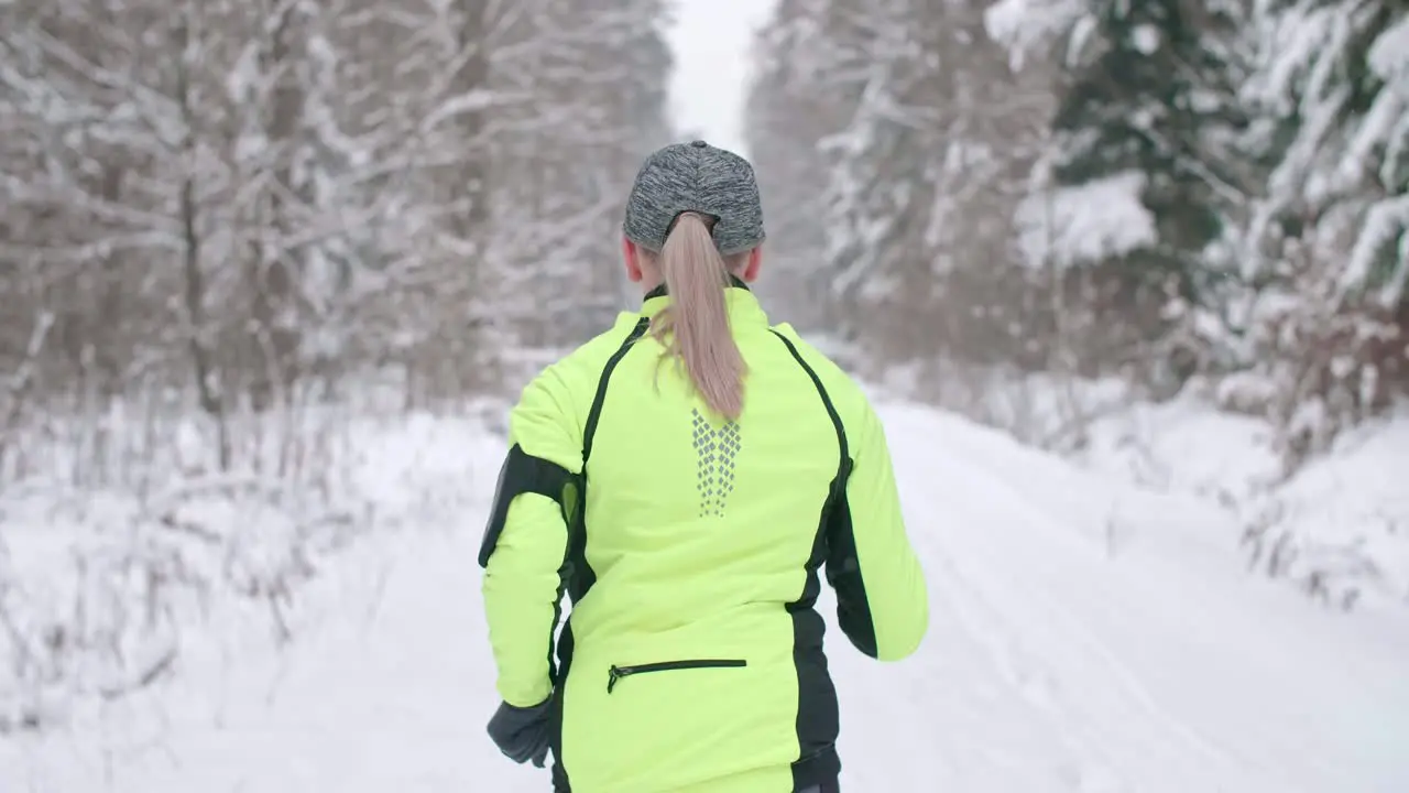 Rear view of woman running in winter forest