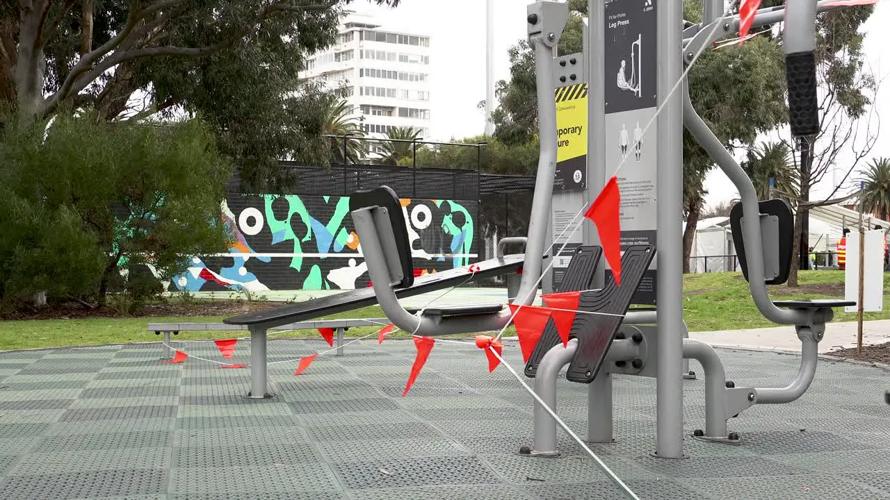 4K shot of roped of outdoor gym equipment during lockdown Melbourne AUSTRALIA