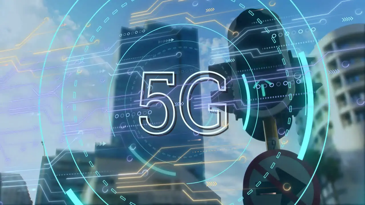 Animation of 5g text digital data processing over city