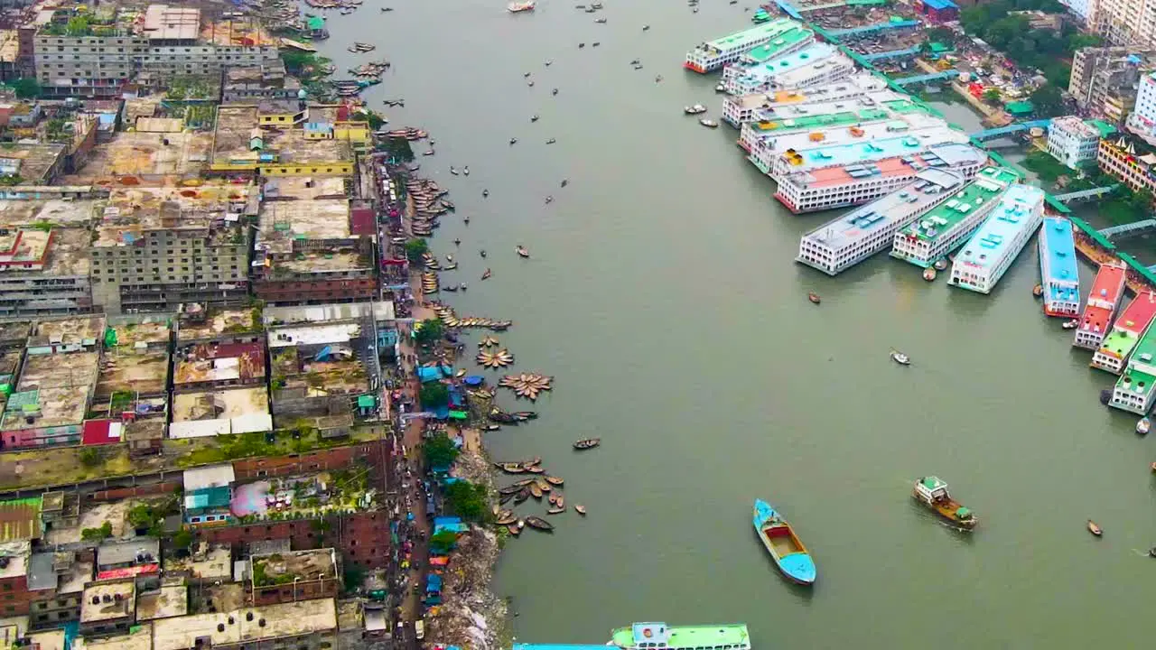 Flyover Old Dhaka port over polluted Buriganga River in Bangladesh