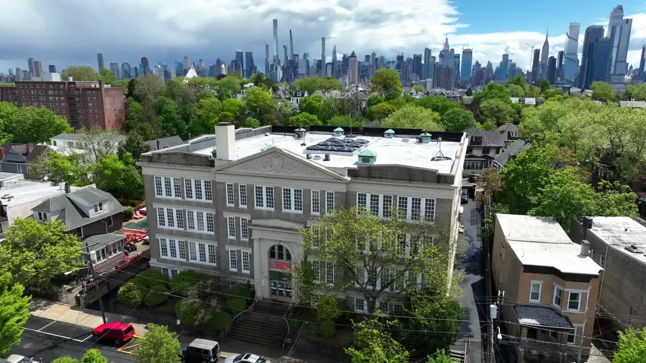 Urban city school with Manhattan skyline in distance