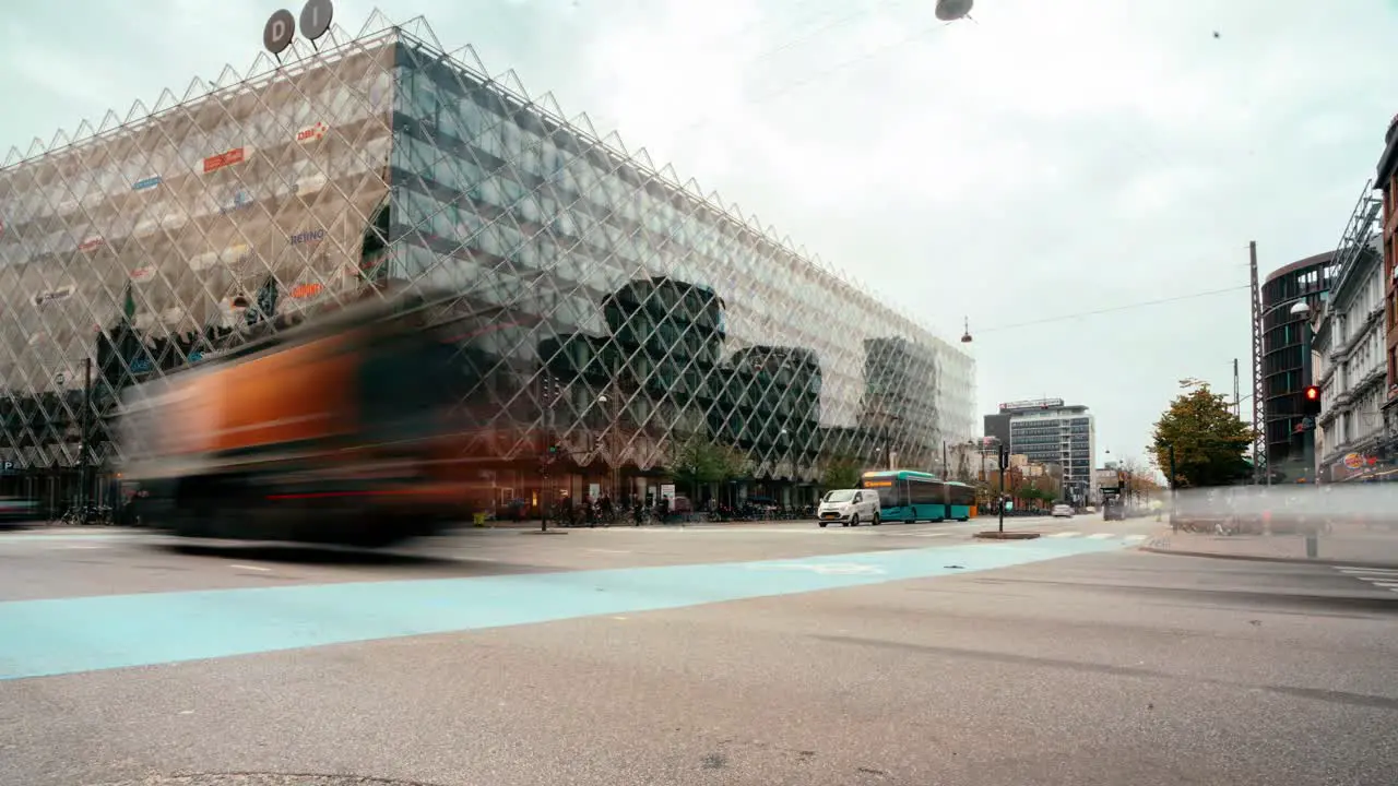 Time lapse of main city traffic intersection in Copenhagen Denmark