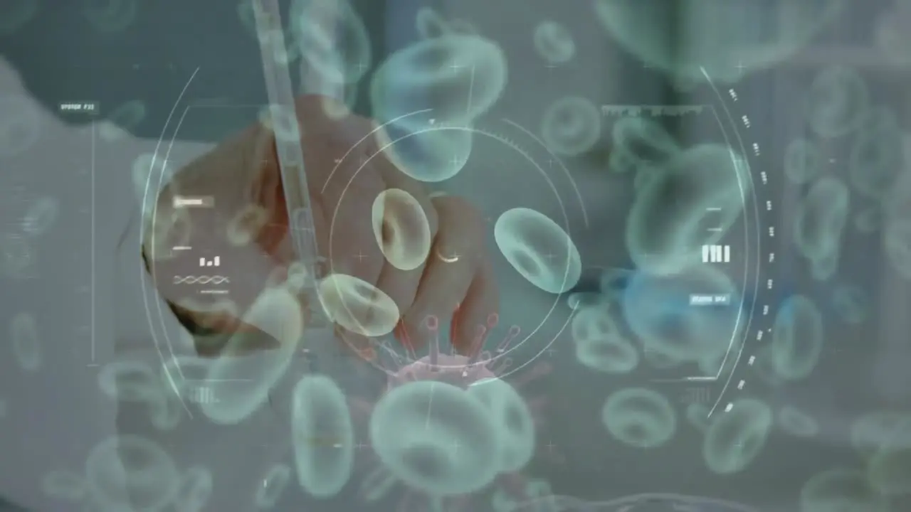 Animation of coronavirus cells over science in laboratory