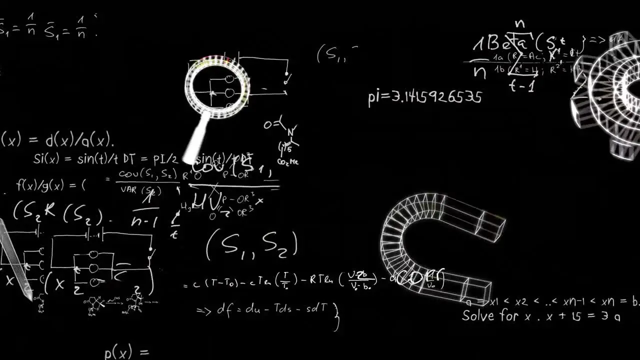 Animation of icons over mathematical equations on blaxk background