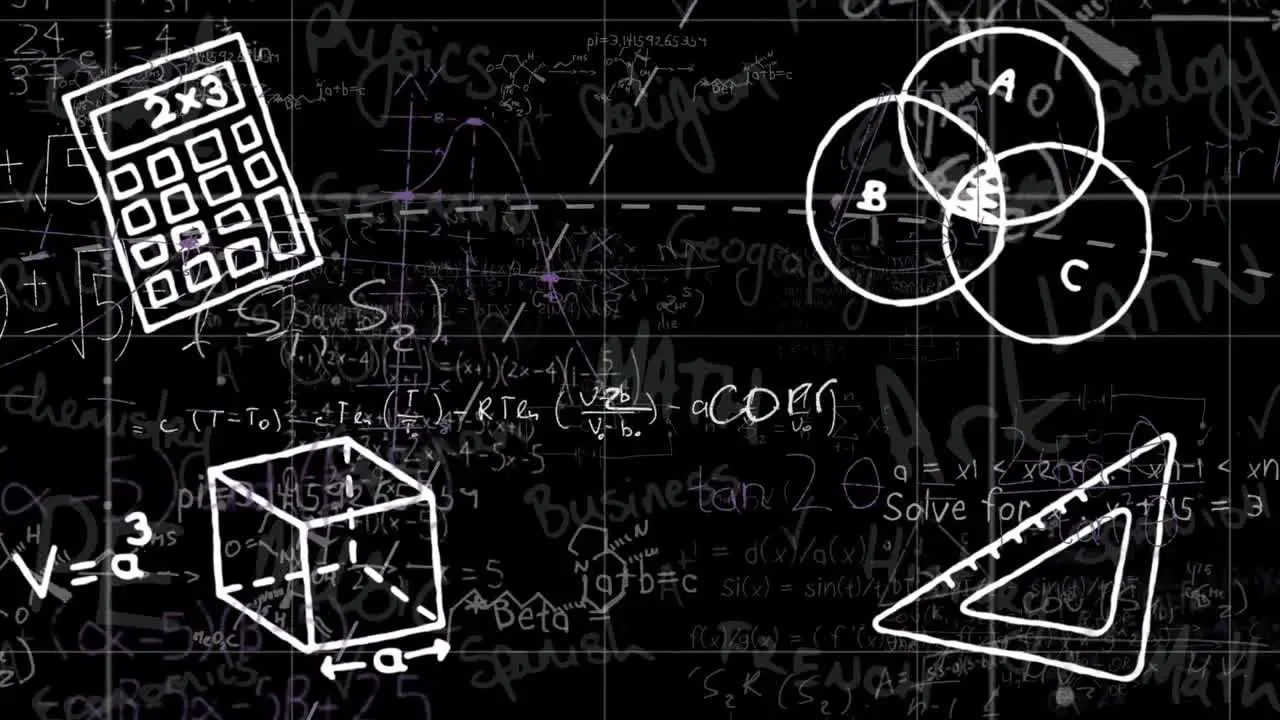 Animation of mathematical and scientific data processing over black background