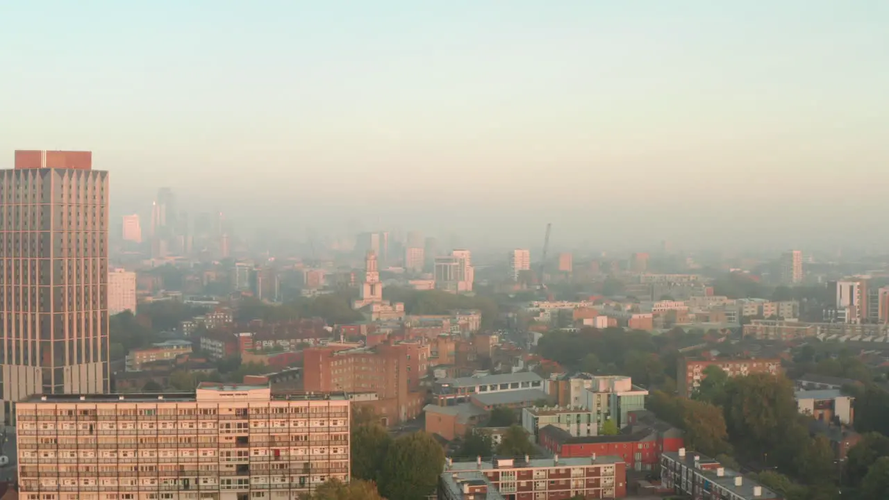 Aerial shot towards St Annes church Limehouse at dawn