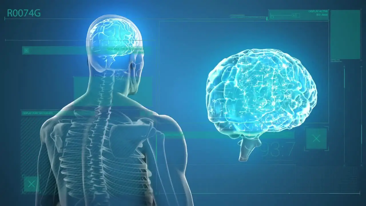 Animation of human body with brain and data processing on blue background