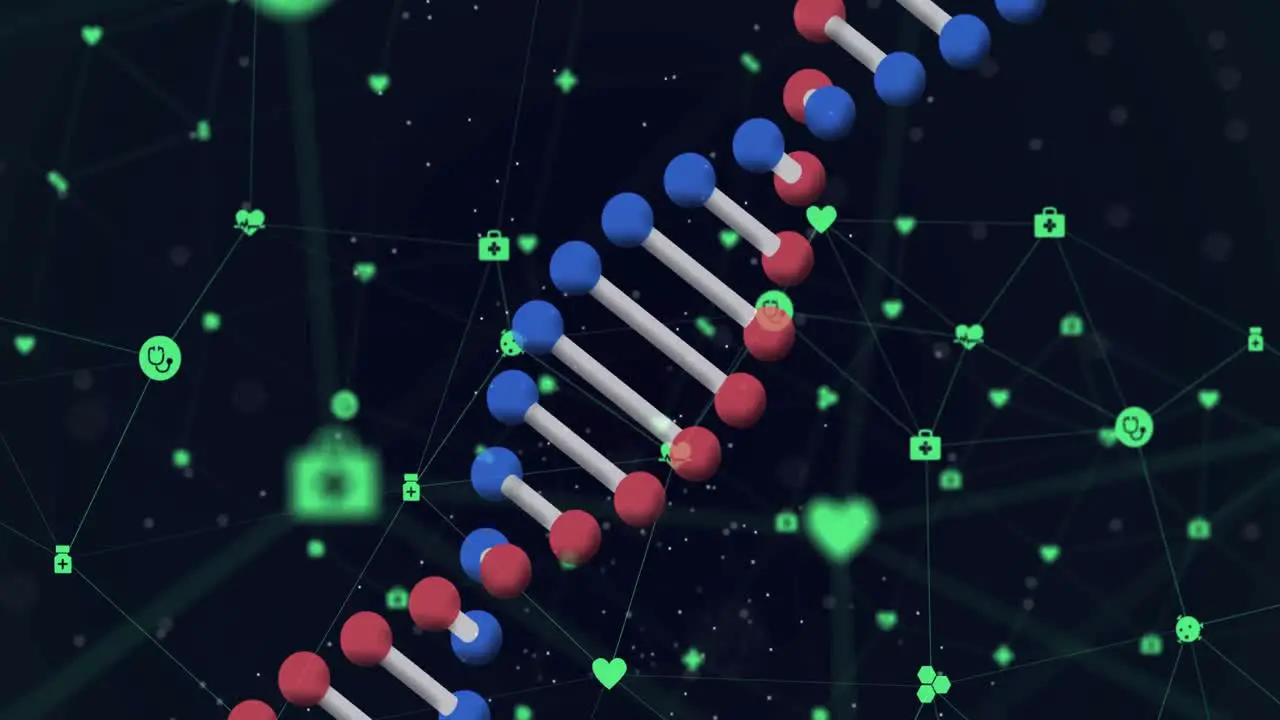 Animation of rotating 3d dna strand with network of green icons on black