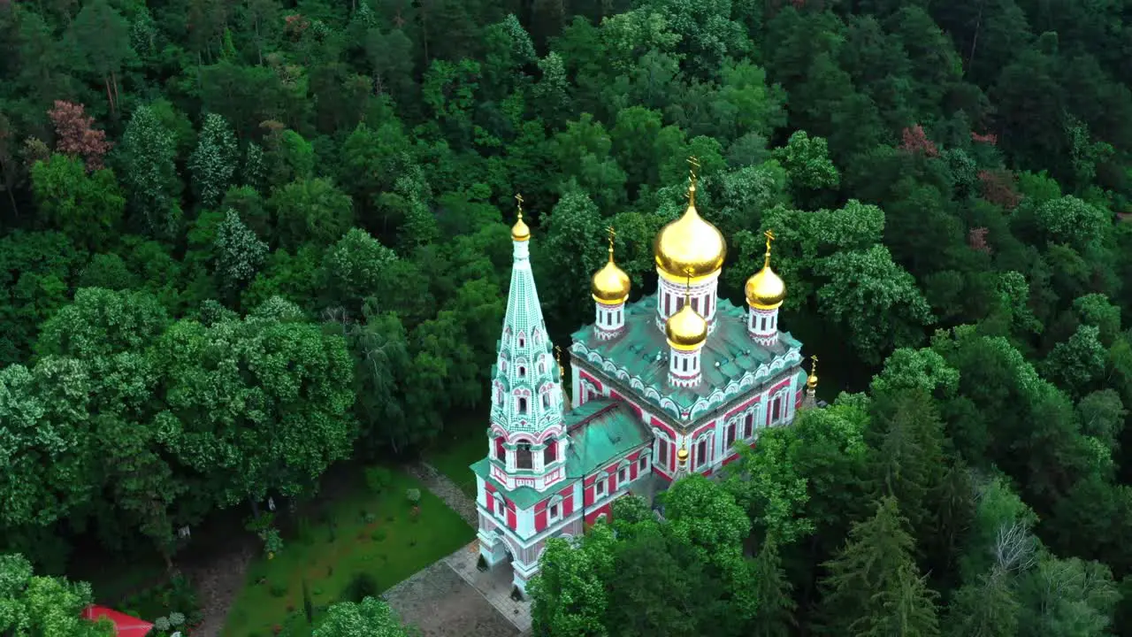 Aerial view of the memorial church Birth of Christ near Shipka Bulgaria