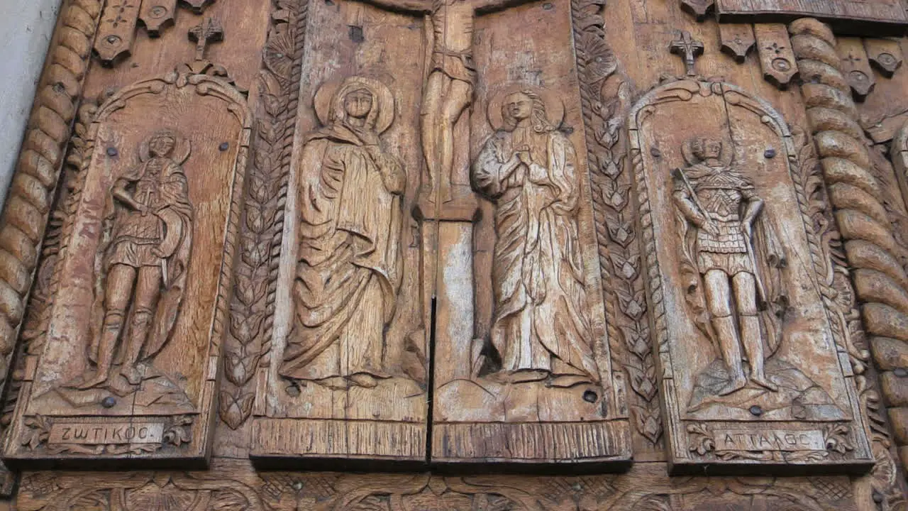 Romania monestery doors with carved wood crucifictionn cx