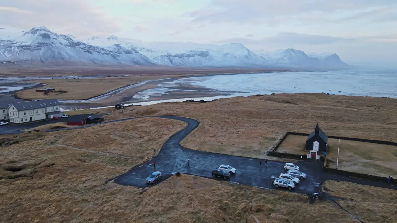 Budakirkja Church aerial shot Iceland Large shot