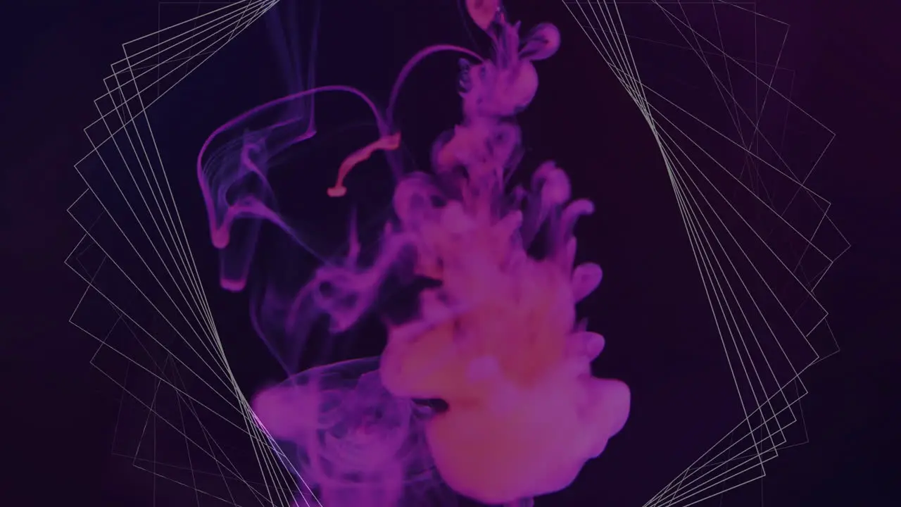 Animation of white 3d network structure over purple smoke moving on black background